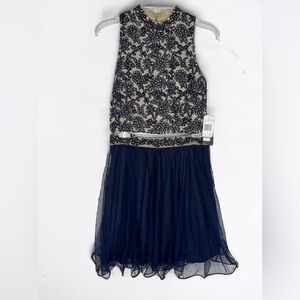 Jodi Kristopher Navy Blue and Tan Cocktail Formal Party Dress 2-Piece‎ Women's 7